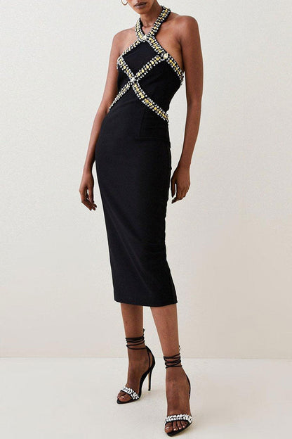 Rhinestone Crisscross Halter Collar Gemstone Trim Bandage Cocktail Midi Dress