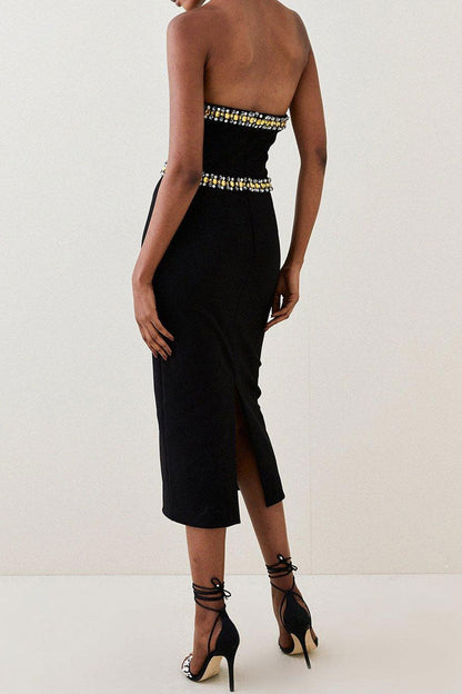 Rhinestone Crisscross Halter Collar Gemstone Trim Bandage Cocktail Midi Dress