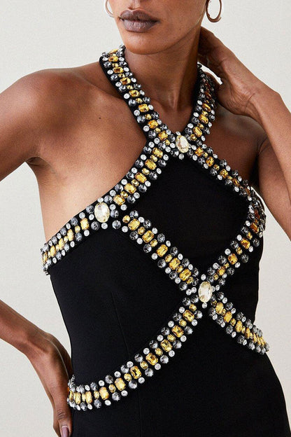 Rhinestone Crisscross Halter Collar Gemstone Trim Bandage Cocktail Midi Dress
