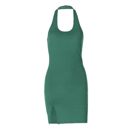 Halter u neck slit solid backless mini dress