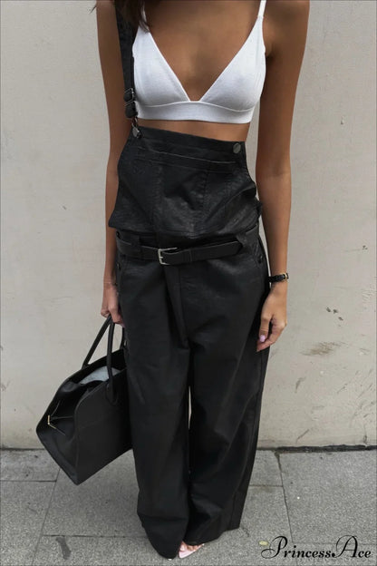 Lychee Leather Bib Belted Vintage Pants