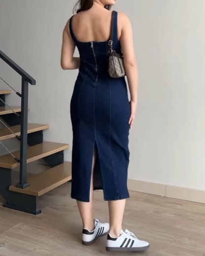 Long Denim Dress With Suspenders