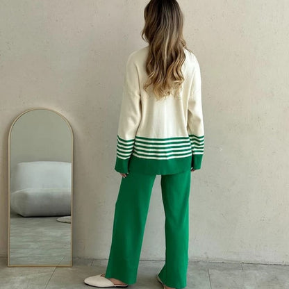 Green - Striped Half-Turtleneck Sweater Two Piece Set