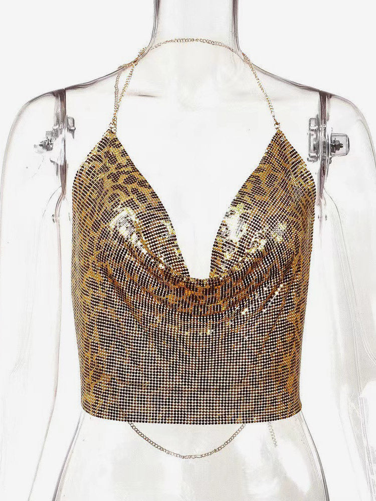 Sexy Straps Halter Metal Tops Sequin Clubwear Tops Sliver Sleeveless Spaghetti Straps Cami Draped Crop For Women