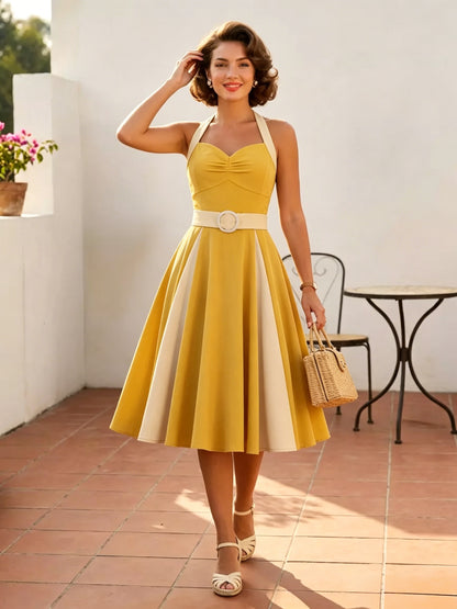Yellow Halter Neck Vintage Swing Dress Contrast White Belt 50s Retro Rockabilly Dress