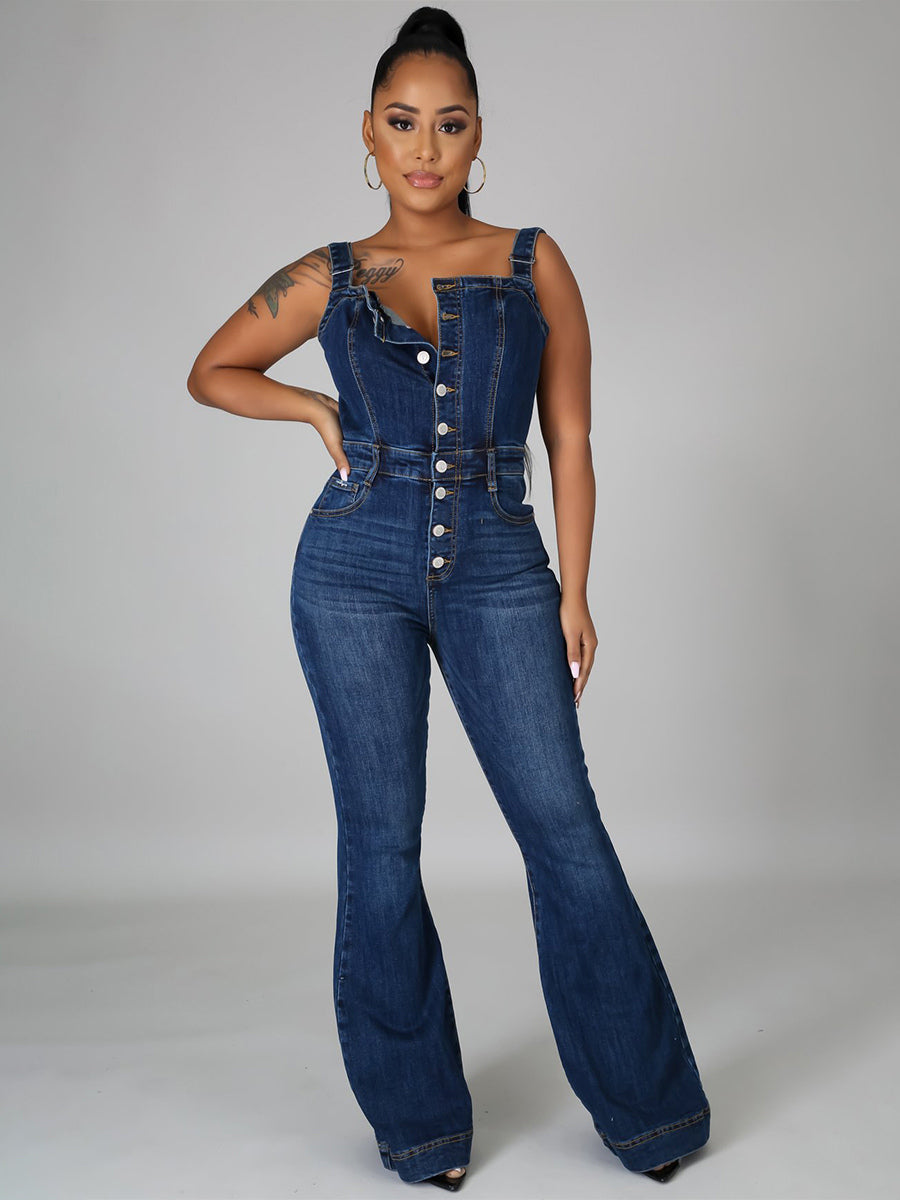 Button Up Washed Denim Jumpsuit For Women - Dark Blue Retro Bodycon Flare Leg Overalls - Summer Chic Streetwear 2026