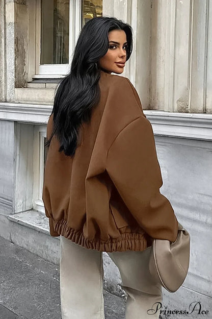 Maillard Brown Thickened Mid-Length Stand-Collar Woolen Jacket