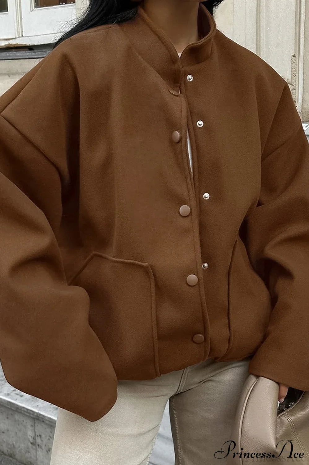 Maillard Brown Thickened Mid-Length Stand-Collar Woolen Jacket