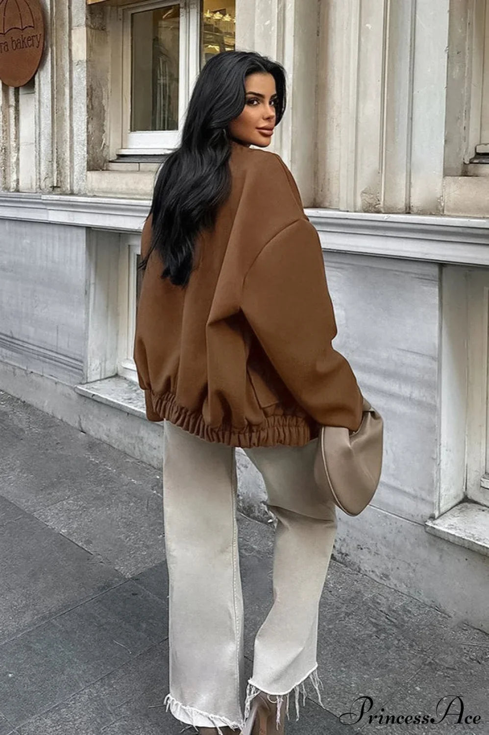 Maillard Brown Thickened Mid-Length Stand-Collar Woolen Jacket