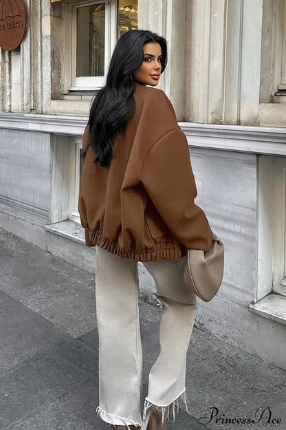 Maillard Brown Thickened Mid-Length Stand-Collar Woolen Jacket