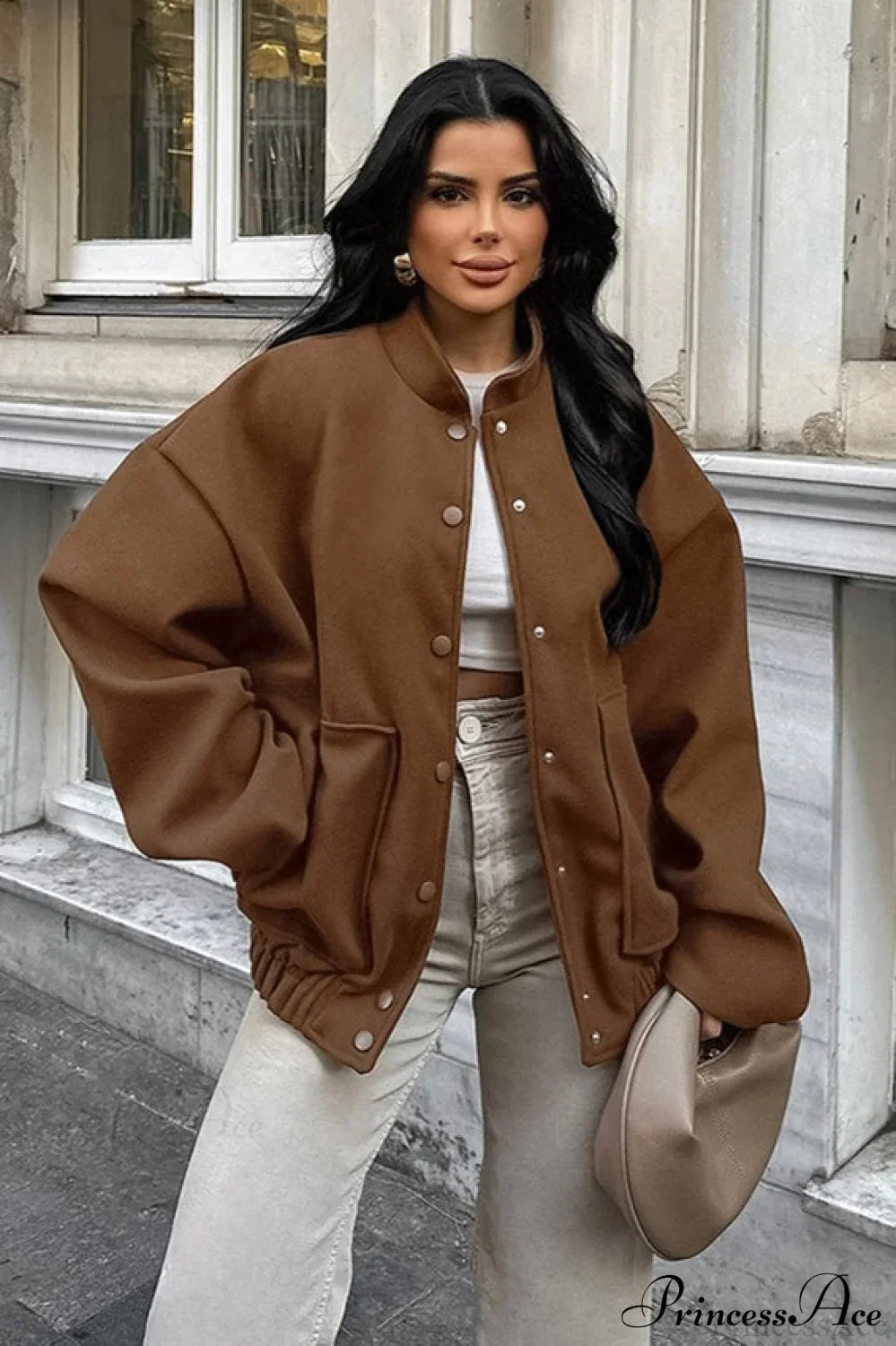 Maillard Brown Thickened Mid-Length Stand-Collar Woolen Jacket