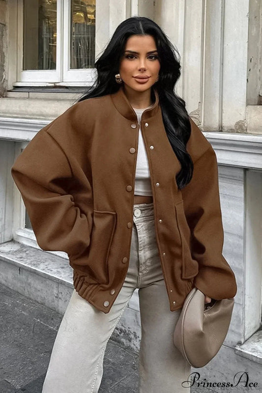 Maillard Brown Thickened Mid-Length Stand-Collar Woolen Jacket