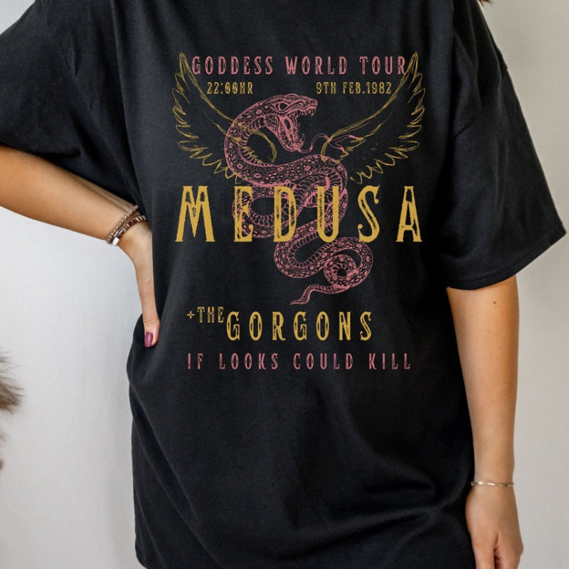 Women's Bold Letter Wings Snake Print Polo – Casual Round Neck T Shirt