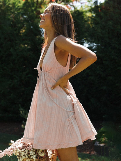 Cotton Sleeveless Babydoll Dress for Women - Boho V Neck Backless A-line Mini Sun Dress - Summer Beach Vacation 2026