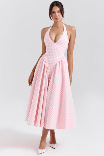Pink – Sweet Pink Plaid Halter Dress