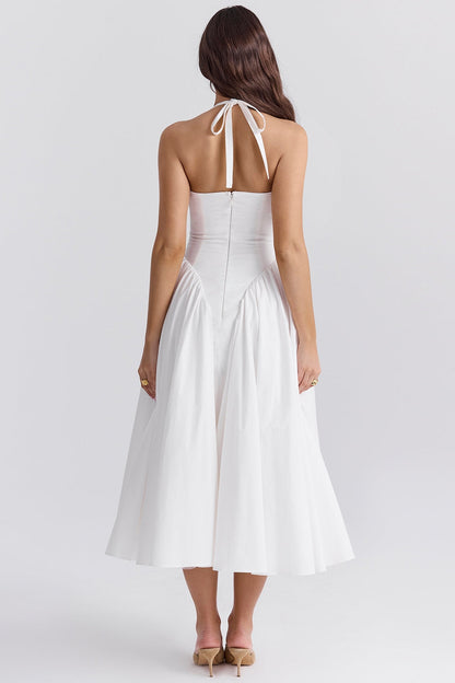 White – Elegant Halter V-Neck Flowy Dress