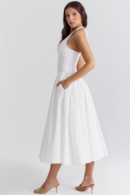 White – Elegant Halter V-Neck Flowy Dress