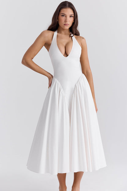 White – Elegant Halter V-Neck Flowy Dress