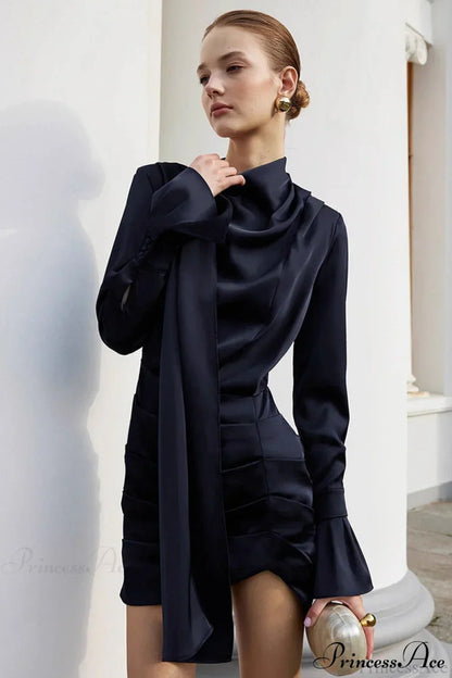 Mock Neck Sash Tie Ruched Hip Satin Bell Cuff Long Sleeve Mini Dress