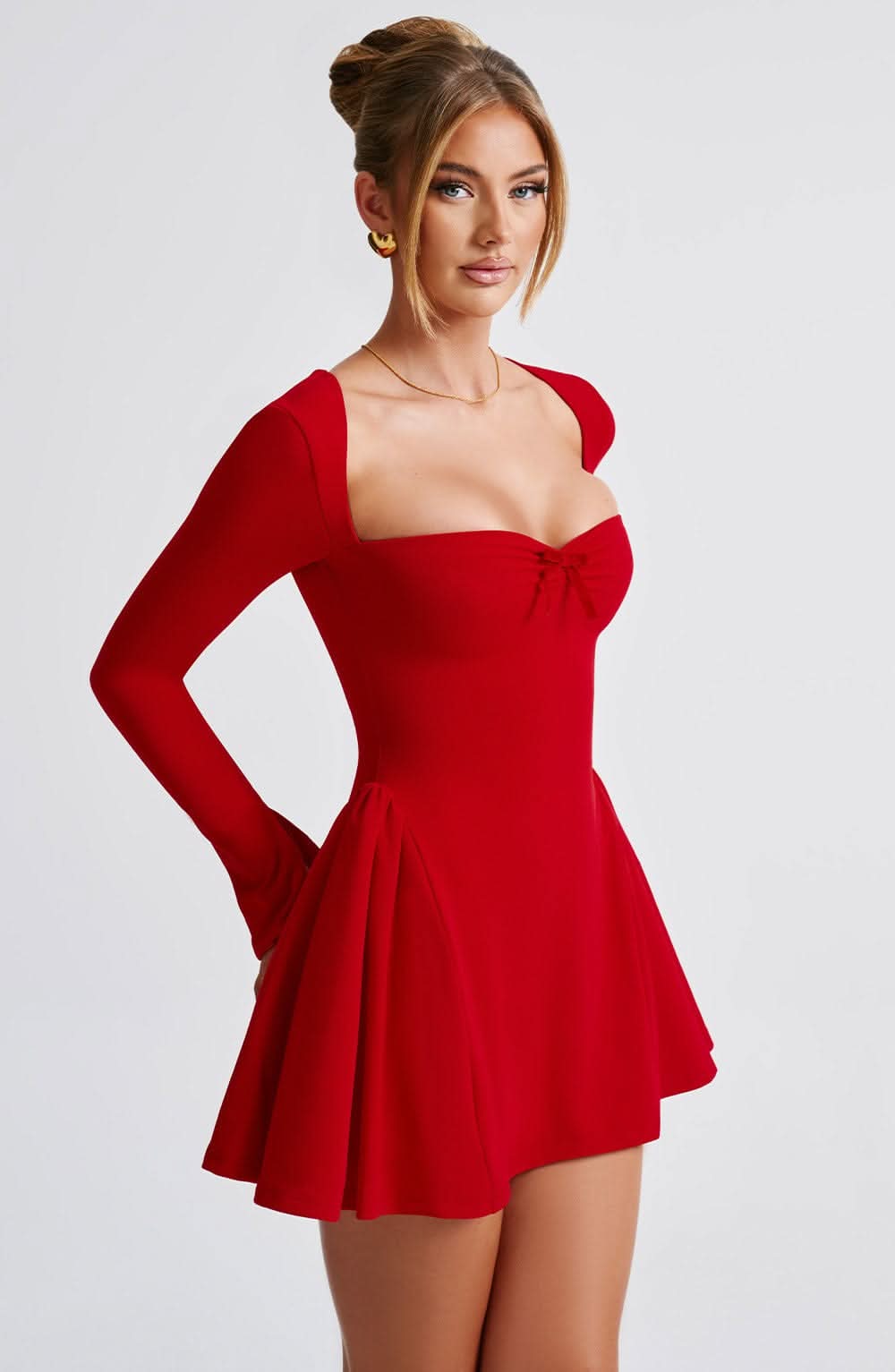 Sweetheart Neck Bow Detail Long Sleeve Fit And Flare Mini Dress