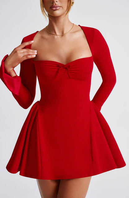 Sweetheart Neck Bow Detail Long Sleeve Fit And Flare Mini Dress