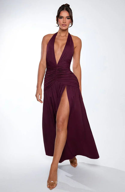 Halter Neck Plunging V Neck Ruched High Slit Jersey Maxi Dress