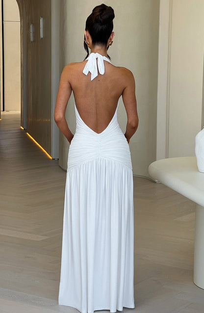 Halter Neck Plunging V Neck Ruched High Slit Jersey Maxi Dress
