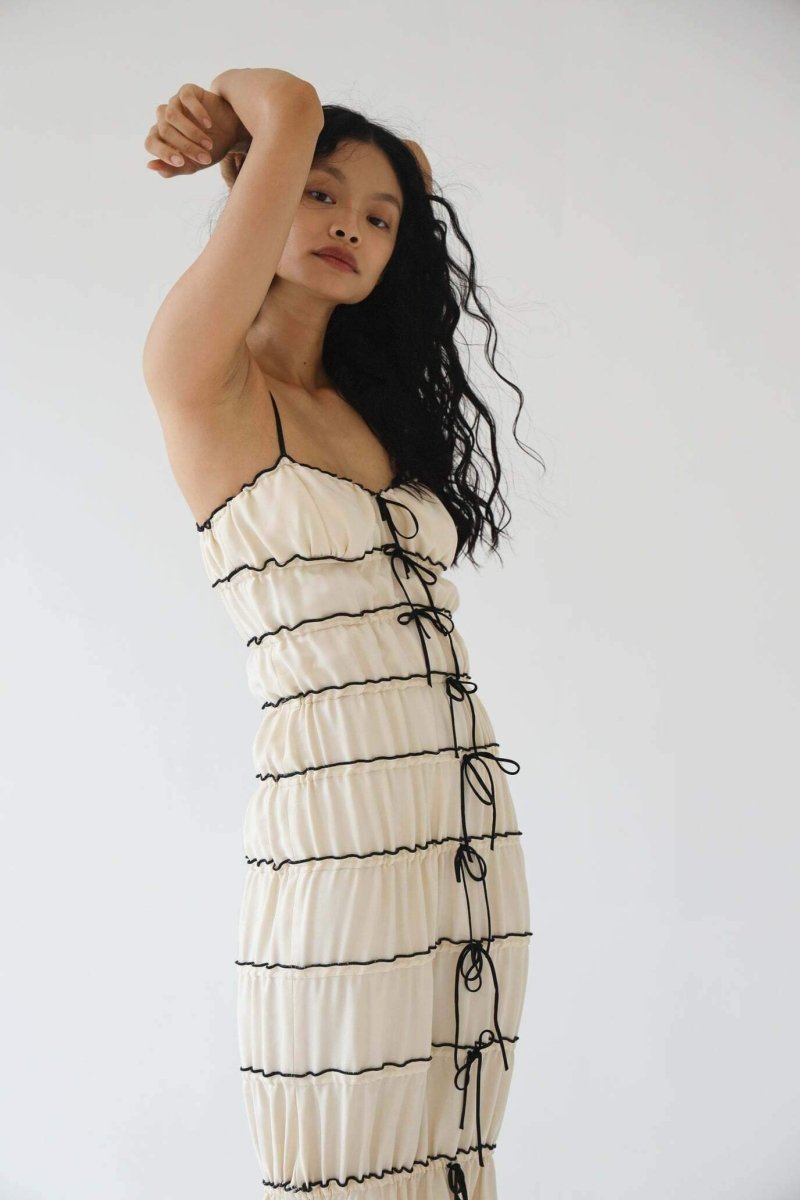 Spaghetti Strap Tiered Ruffle Contrast Trim Back Bow Maxi Dress