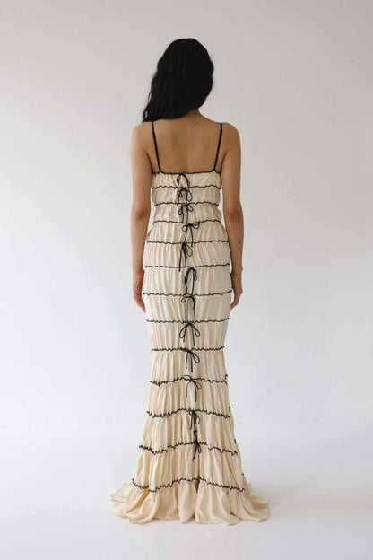 Spaghetti Strap Tiered Ruffle Contrast Trim Back Bow Maxi Dress