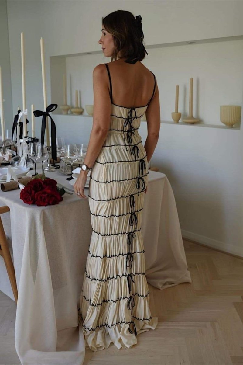 Spaghetti Strap Tiered Ruffle Contrast Trim Back Bow Maxi Dress