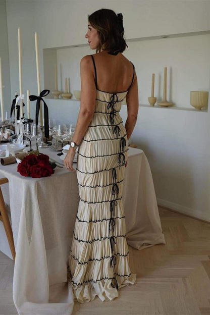 Spaghetti Strap Tiered Ruffle Contrast Trim Back Bow Maxi Dress