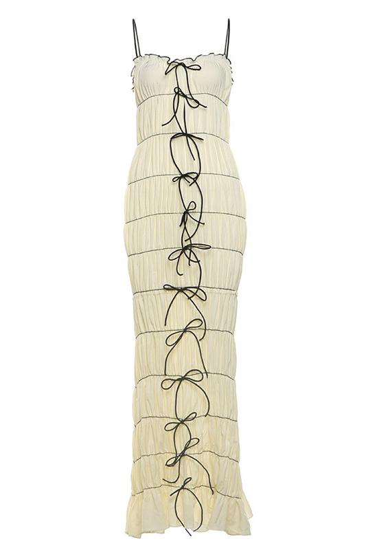 Spaghetti Strap Tiered Ruffle Contrast Trim Back Bow Maxi Dress