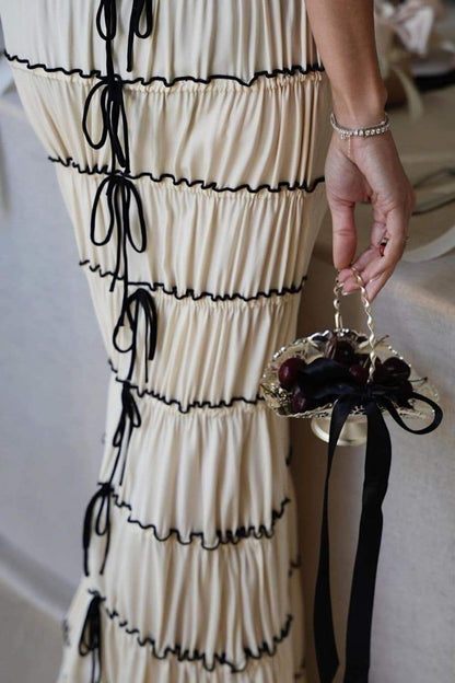 Spaghetti Strap Tiered Ruffle Contrast Trim Back Bow Maxi Dress