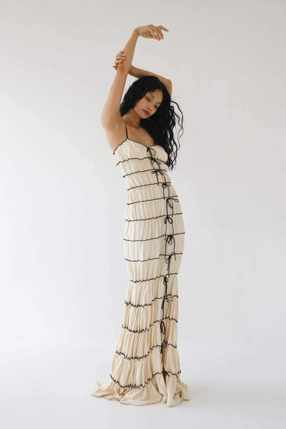 Spaghetti Strap Tiered Ruffle Contrast Trim Back Bow Maxi Dress