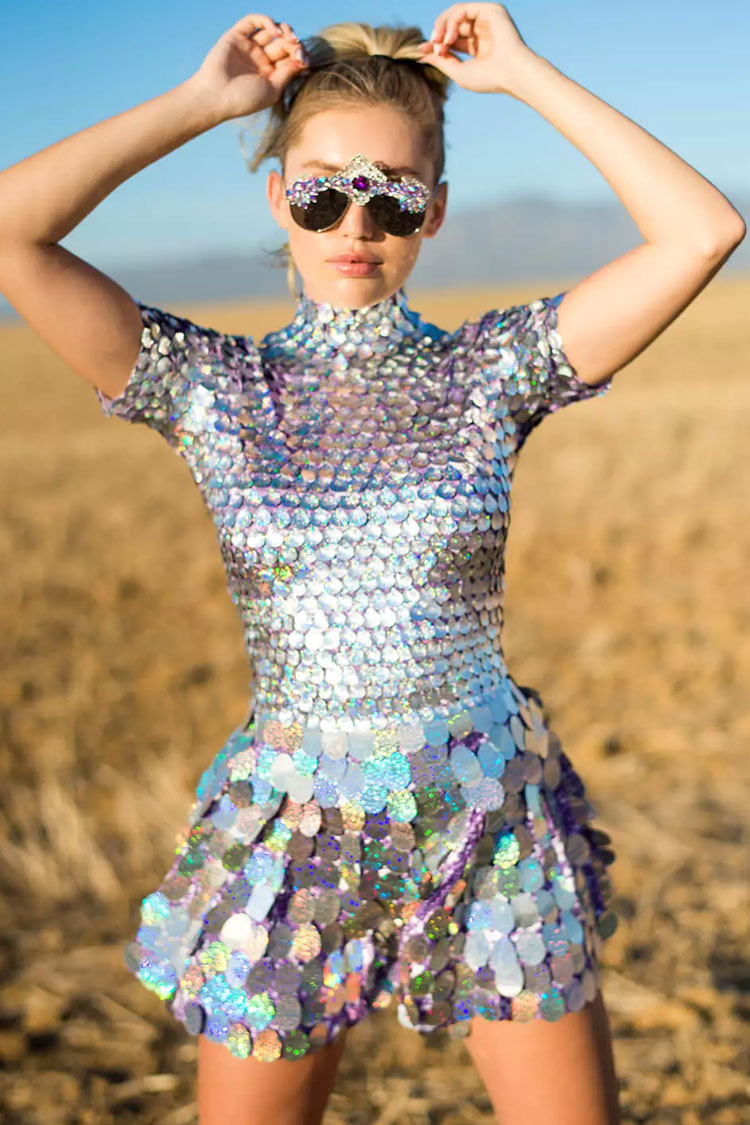 Iridescent Micro Sequin Mock Neck Short Sleeve Paillette Flared Mini Skirt Set