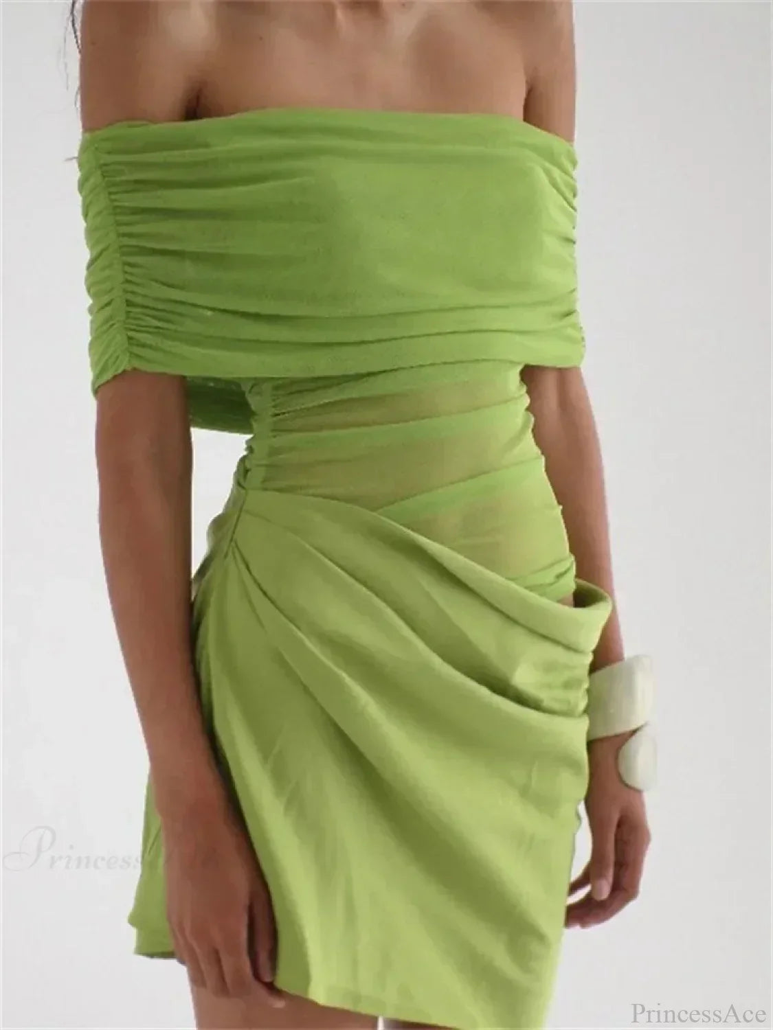Off Shoulder Ruched Mesh Panel Draped Skirt Bodycon Mini Dress