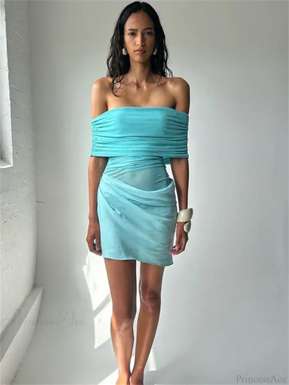 Off Shoulder Ruched Mesh Panel Draped Skirt Bodycon Mini Dress