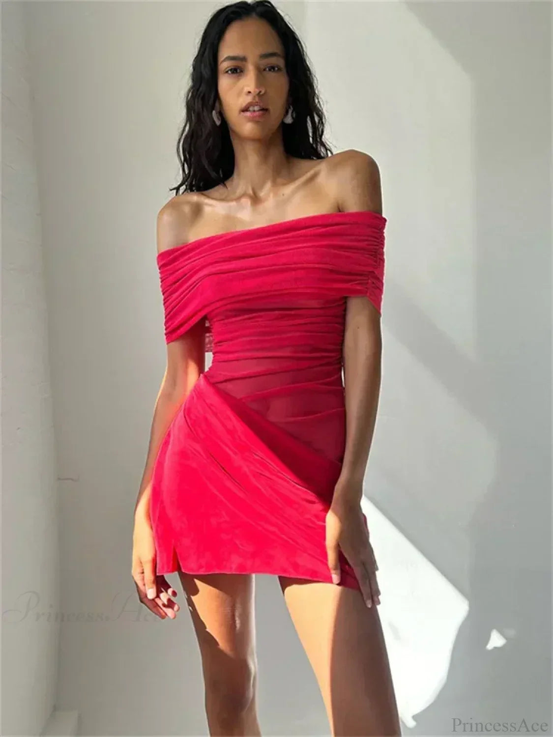 Off Shoulder Ruched Mesh Panel Draped Skirt Bodycon Mini Dress