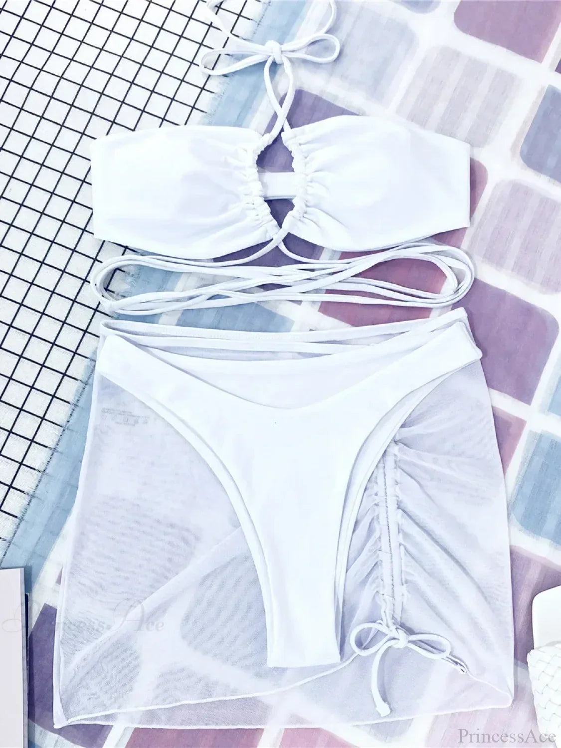 Mesh Sarong Skirt Bikini Three Piece Swimsuit