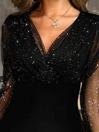 Glitter Mesh Long Sleeve Wrap Bodice Diagonal Sequin Panel Mini Dress