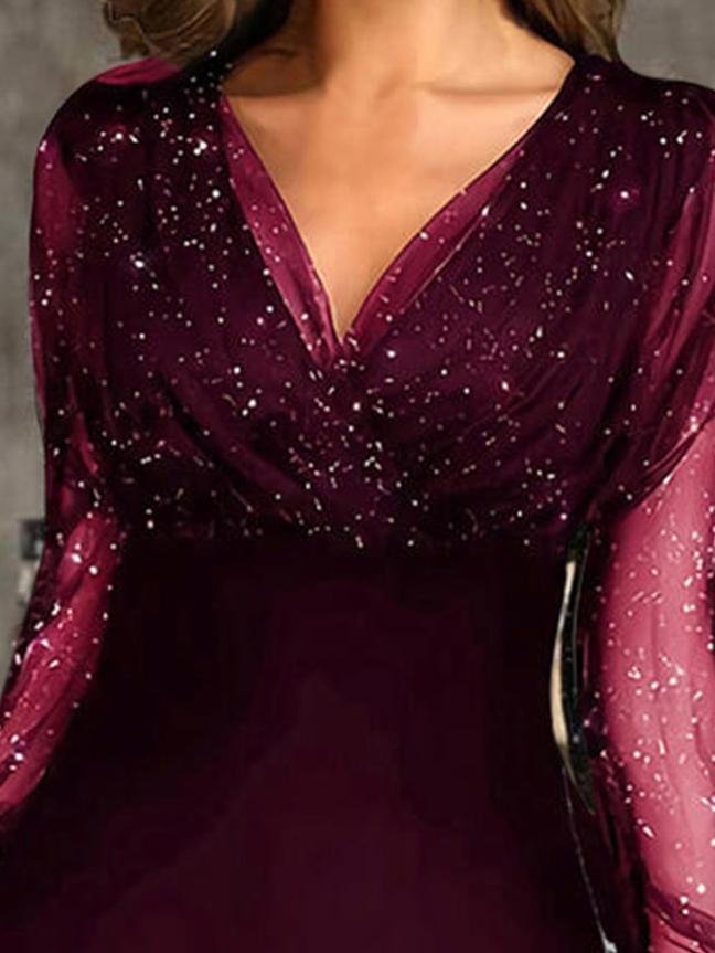 Glitter Mesh Long Sleeve Wrap Bodice Diagonal Sequin Panel Mini Dress