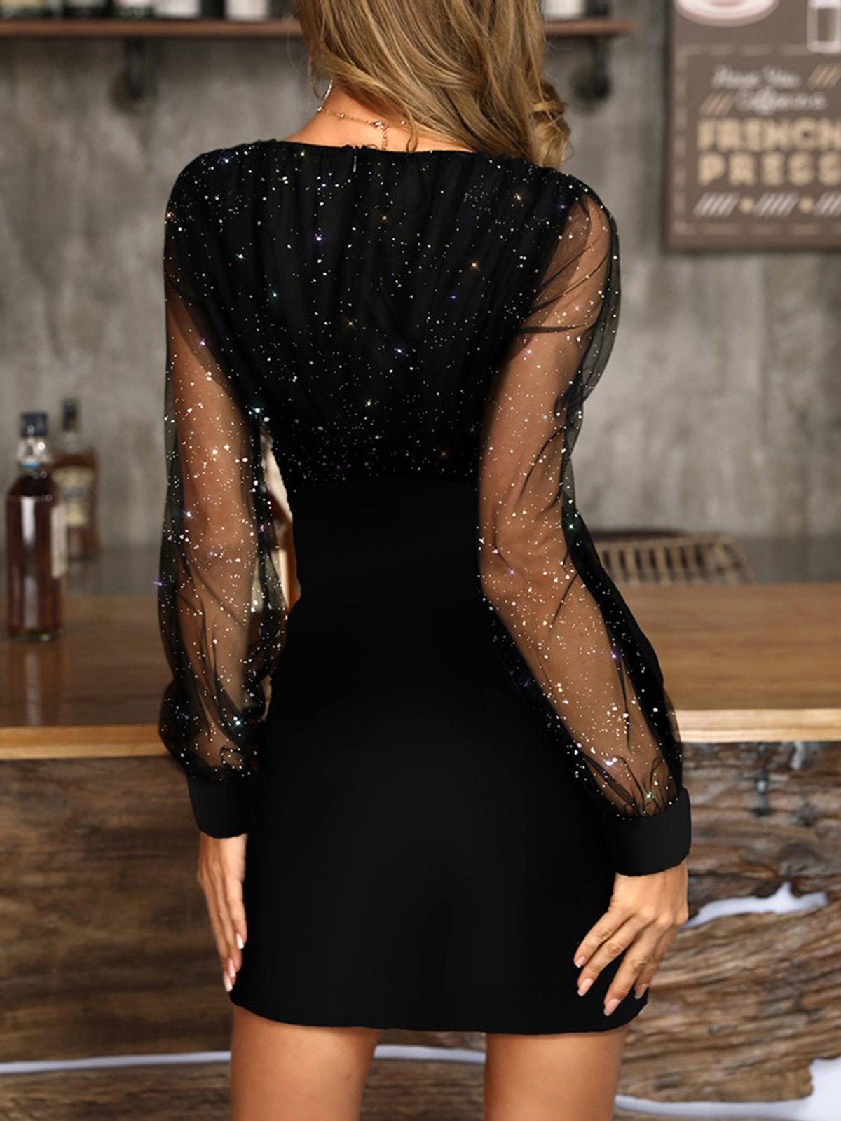 Glitter Mesh Long Sleeve Wrap Bodice Diagonal Sequin Panel Mini Dress