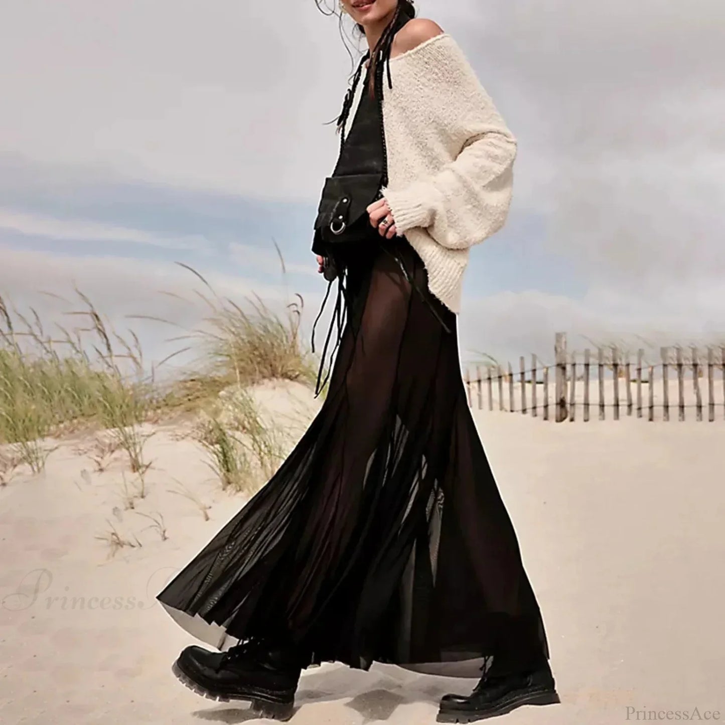 Mesh Transparent Frill Midi Skirt