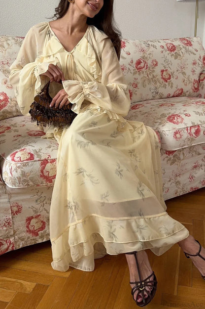 Mesh V Neck Ruffled Fitted Maxi Dress