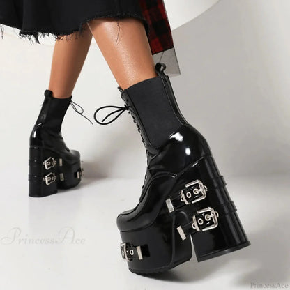 Metal Clasp Broad Heel Gothic Ankle Boot