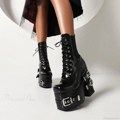 Metal Clasp Broad Heel Gothic Ankle Boot