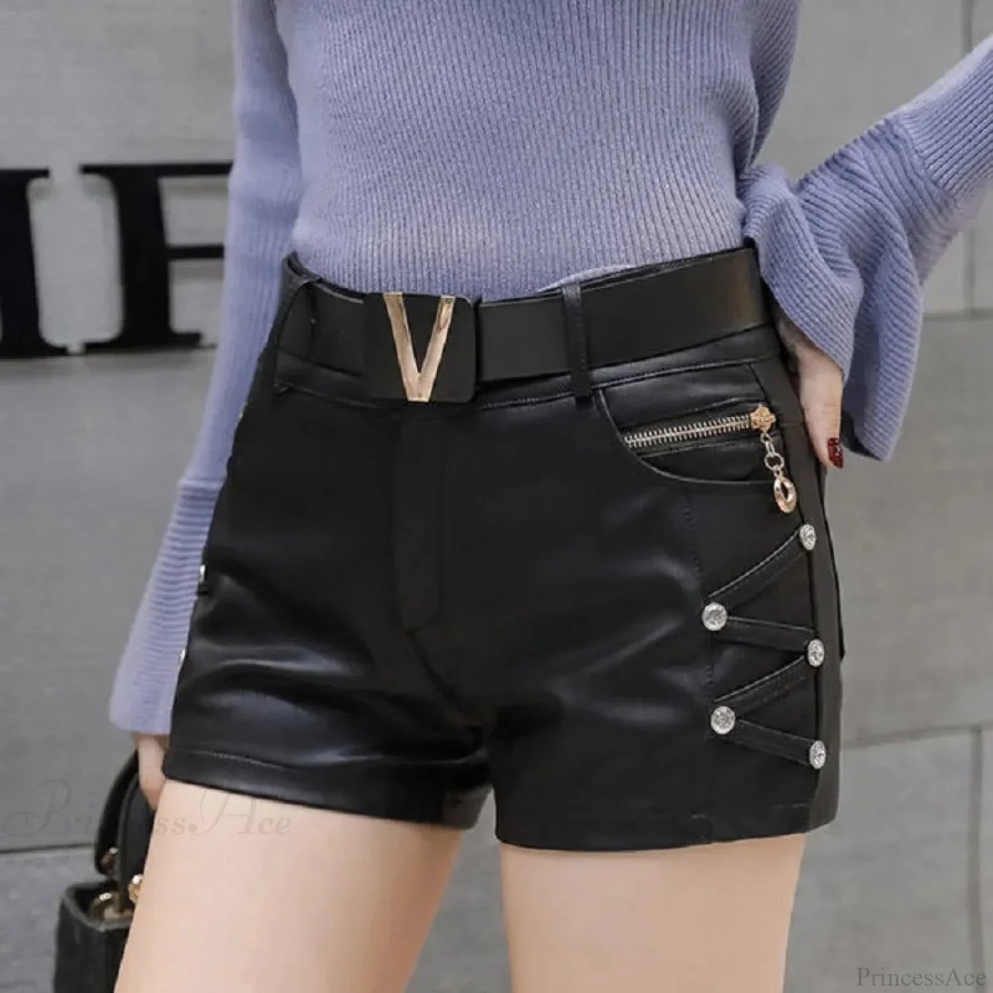 Metal Fastener Zip Imitation Leather Short