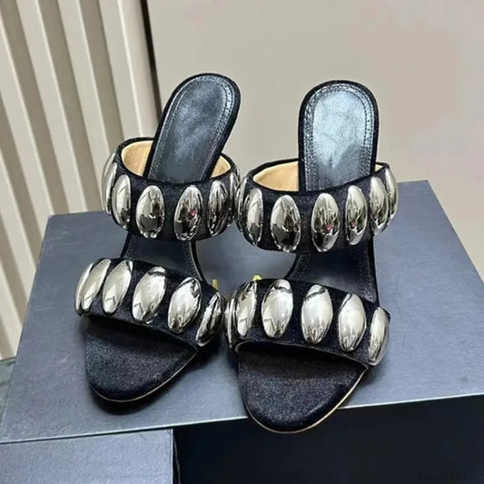Metal Ornamental Gothic Suede Slippers Tall Heel
