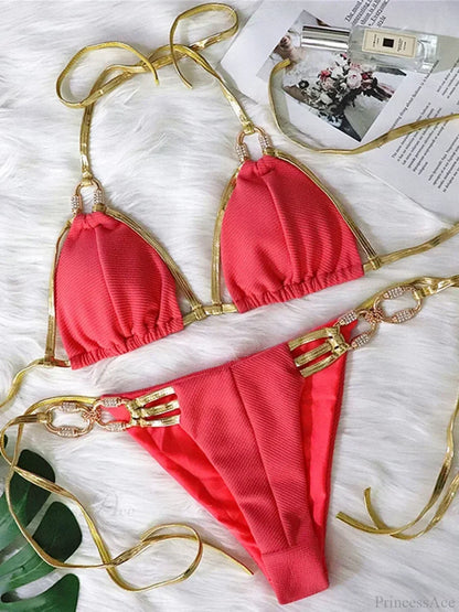 Metal Rings Tassel Diamond Bikini Set
