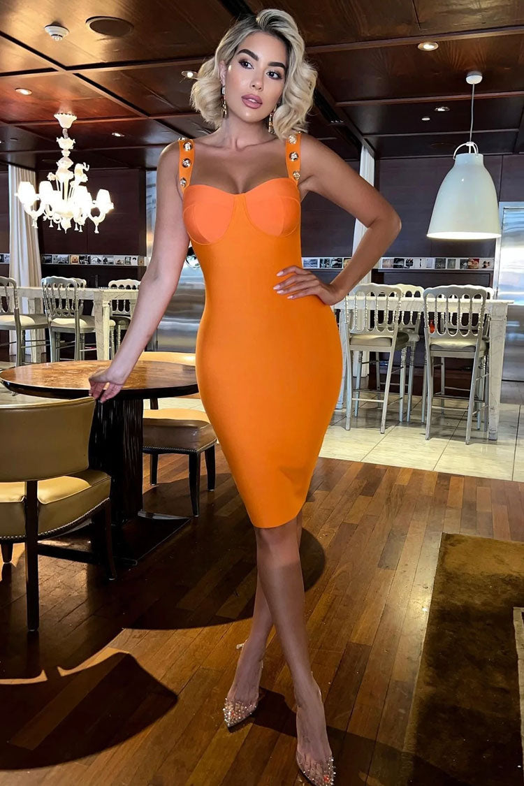 Bustier Bandage Metallic Button Strap Sleeveless Midi Dress